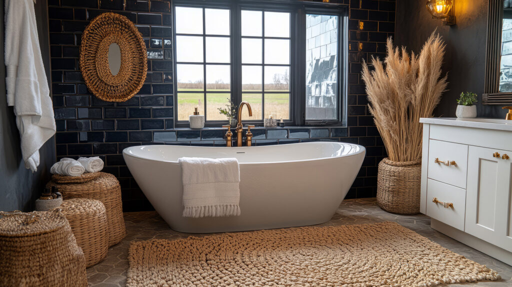 Relaxation takes center stage in this stylish bathroom adorned with earthy textures.